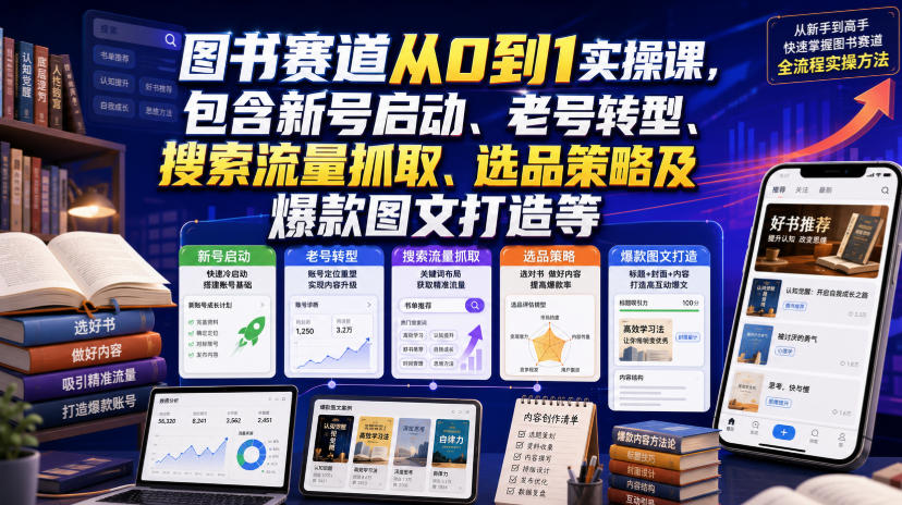 图书赛道从0到1实操课，包含新号启动、老号转型、搜索流量抓取、选品策略及爆款图文打造等-Selene网创网