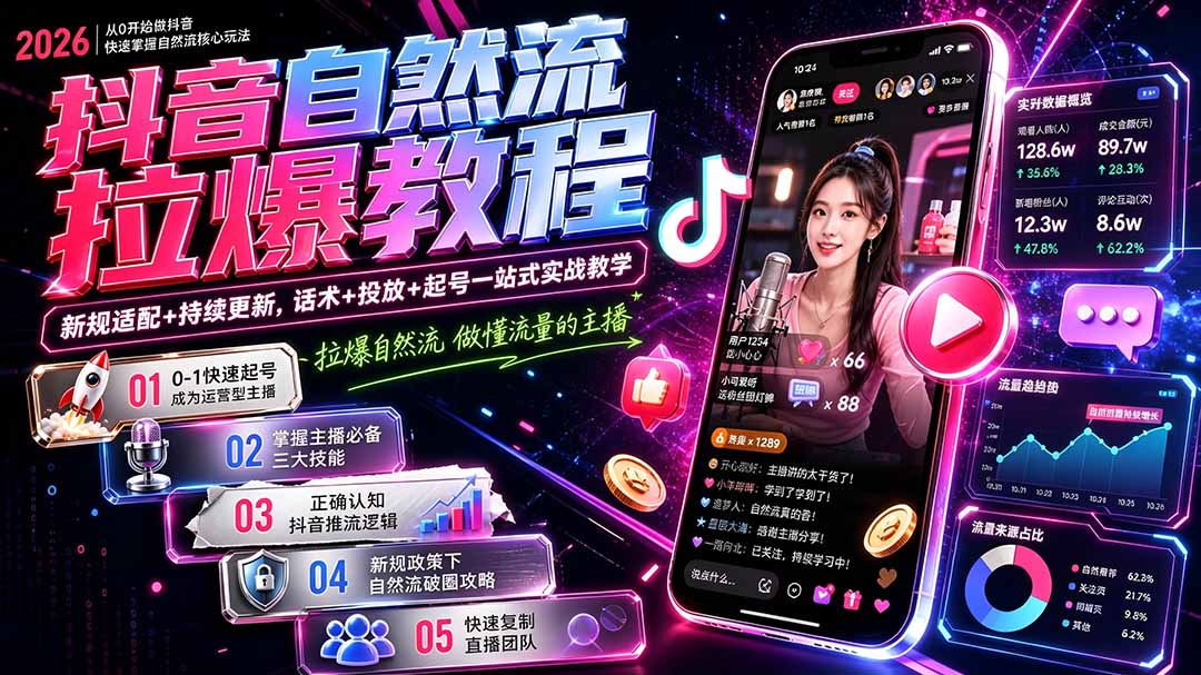 抖音自然流拉爆教程-更新7月：做懂流量的主播，新规适配+持续更新，话术+投放+起号一站式实战教学-Selene网创网