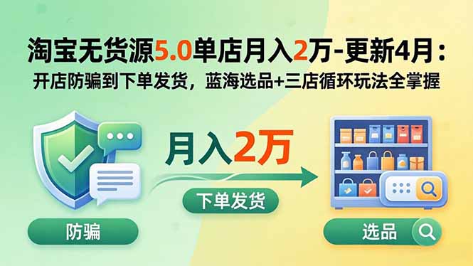 淘宝无货源5.0单店月入2万-更新2026：开店防骗到下单发货，蓝海选品+三店循环玩法全掌握-Selene网创网