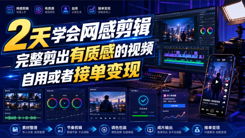 2天学会网感剪辑,完整剪出有质感的视频,自用或者接单变现-Selene网创网