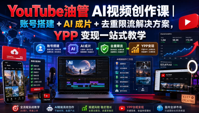 YouTube油管AI视频创作课｜账号搭建+AI成片+去重限流解决方案，YPP变现一站式教学-Selene网创网