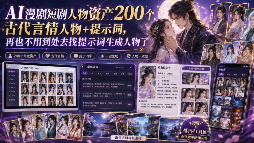 AI漫剧短剧人物资产200个古代言情人物+提示词，再也不用到处去找提示词生成人物了-Selene网创网