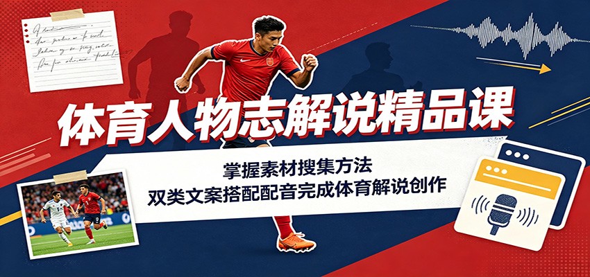 体育人物志解说精品课:掌握素材搜集方法,双类文案搭配配音完成体育解说创作-Selene网创网