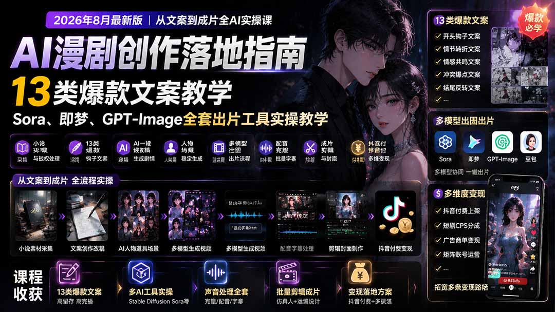 AI漫剧创作落地指南｜13类爆款文案教学，Sora、即梦、GPT-Image全套出片工具实操教学-Selene网创网