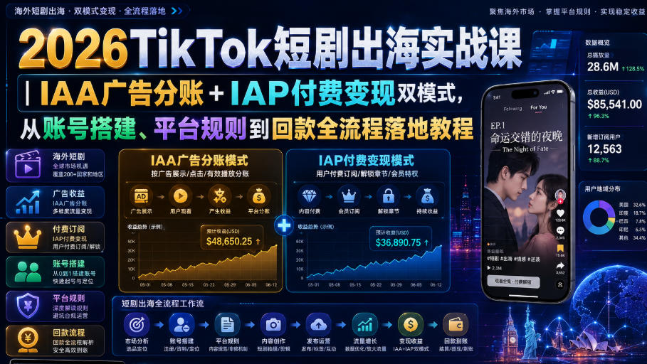 2026TikTok短剧出海实战课｜IAA广告分账+IAP付费变现双模式，从账号搭建、平台规则到回款全流程落地教程-Selene网创网