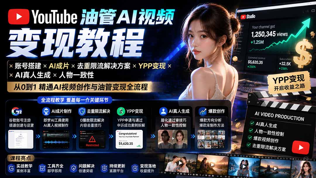 YouTube油管AI视频变现教程：账号搭建×AI成片×去重限流解决方案×YPP变现×AI真人生成×人物一致性-Selene网创网